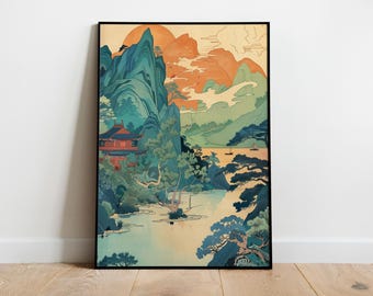 Korean Art Print: kleurrijk oosters landschap (digitale download)