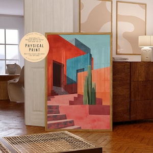 Póster de arquitectura mexicana, arte mural colorido, diseño de interiores minimalista, inspirado en el arquitecto Luis Barragán, impresión de alta resolución.