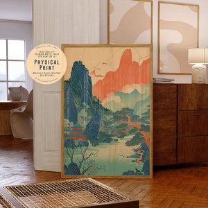 Poster d'arte coreana, arte asiatica, pittura di natura, montagne e fiumi, cultura orientale, linee calme e colorate, stampa ad alta risoluzione