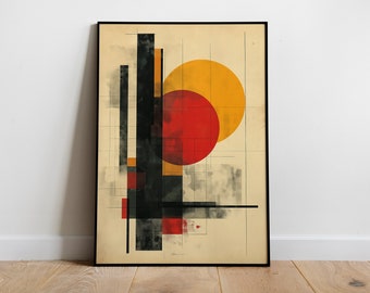 Ilustración geométrica abstracta en rojo, amarillo y negro, póster de boceto contemporáneo, inspirado en la arquitectura, descarga digital imprimible.