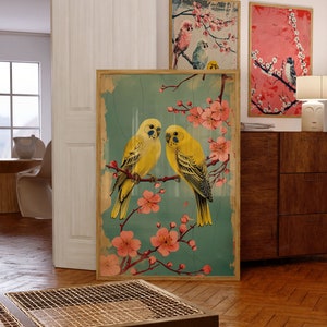 Decorazione murale con albero di ciliegio e uccelli, arredamento giapponese vintage, poster dipinto unico, stile moderno rosa, primavera, download digitale stampabile