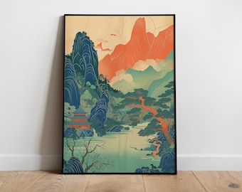 koreanische Kunst Poster, asiatische Kunst, Gemälde der Natur, Berge und Fluss, orientalische Kultur, bunte ruhige Linework, digitaler Download Druck
