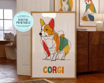 Impresión artística de Corgi: Póster minimalista de perro (descarga digital)