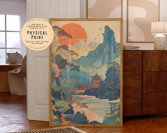 Stampa artistica coreana: montagne, fiume, linee orientali