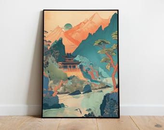 Korean Art Print: kleurrijk oosters landschap (digitale download)