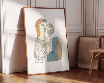 May include: A framed art print featuring a minimalist line drawing of two figures embracing. The artwork uses a palette of muted colors, including beige, blue, and brown, with a dark brown frame. The art print is leaning against a white wall.