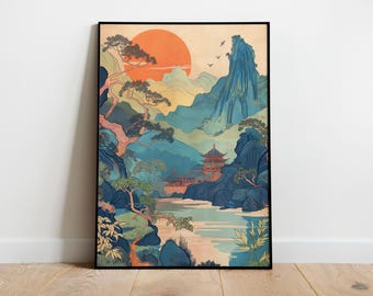 Korean Art Print: kleurrijk oosters landschap (digitale download)