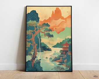 Korean Art Print: kleurrijk oosters landschap (digitale download)