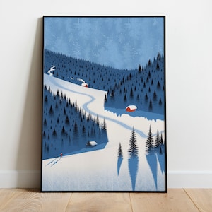 Ski Poster, Skiing Wall Art, Minimalist, Flat Simple Design, Snowy Mountain, Wintersport, Digital Download Printable