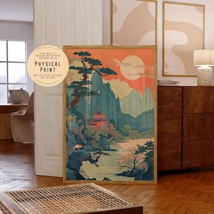 Affiche d'art coréen, art asiatique, peinture de la nature, montagnes et rivière, culture orientale, dessin au trait calme et coloré, impression haute résolution