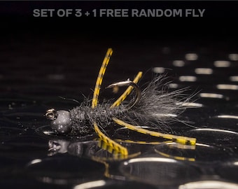 3 jiggy pat rubber legs + 1 FREE random fly — Tungsten euro nymphing legged flies for fly fishing. Perfect for trout and smallmouth
