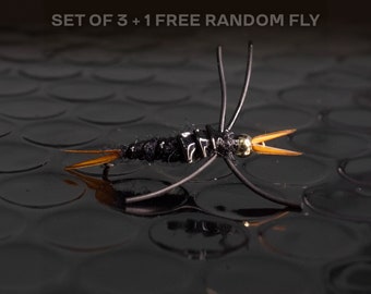 3 Stoneflies + 1 FREE random fly — Tungsten rubber legged stoneflies for fly fishing. Perfect for trout