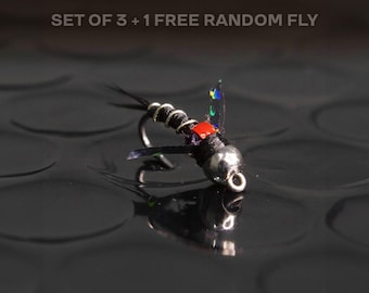 3 SOS nymph + 1 FREE random fly — Tungsten euro black and red midge for fly fishing. Perfect for trout flies