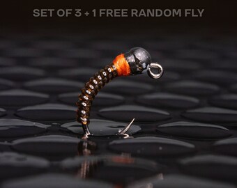 3 orange midge + 1 FREE random fly — Tungsten bead head and perfect for trout grayling panfish whitefish and bass fall flies