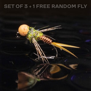 May include: A close-up of a fly fishing lure with a gold hook, a copper-colored body, and a tan bead head. The lure has green and tan accents and is designed to mimic an insect. The text "SET OF 3 + 1 FREE RANDOM FLY" is at the top.
