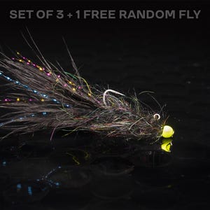May include: A fishing fly with a black body and a yellow bead head. The fly has a curved hook and is decorated with colourful iridescent fibres. The text "SET OF 3 + 1 FREE RANDOM FLY" is at the top.