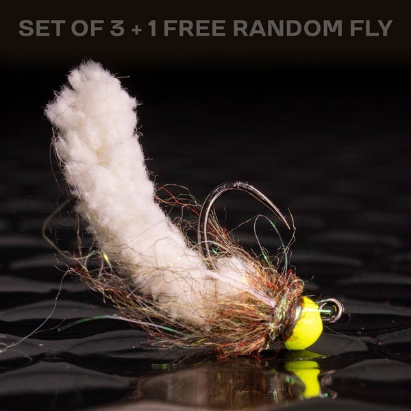 3 white mop + 1 FREE random fly — Tungsten jig mops for fly fishing. Perfect for trout, crappie and bass