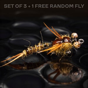 May include: Close-up of a fishing fly with a brown body, tan wings, and a reflective surface. The fly has detailed features, including small, speckled spheres and delicate antennae. Text at the top reads "SET OF 3 + 1 FREE RANDOM FLY."