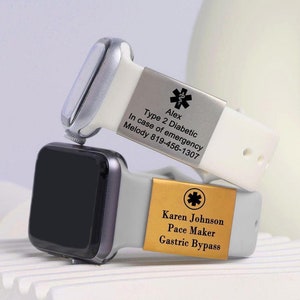 Custom Medical Alert Tag–Allergy and Emergency Information,Apple Watch Medical Alert ID Tag，Engraved Silver Stainless Steel,Medical Bracelet