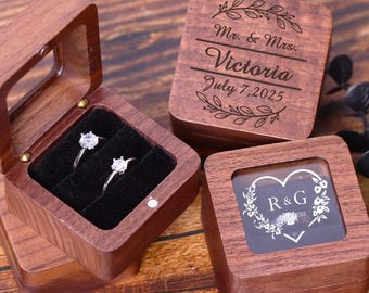 Personalized Wooden Wedding Ring Box with Clear Acrylic Lid,Custom Engraved Wedding Ceremony Keepsake,Bridal Gift for Her,Square Ring Bearer
