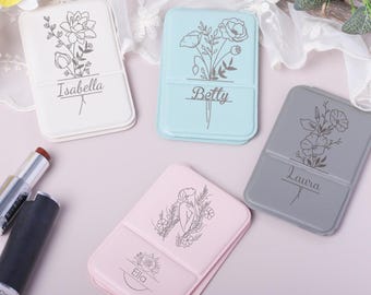 Birthday Flower Engraved Mirror - Personalized Bridesmaid Gift with Name, PU Leather Travel Compact Wedding Favors, Custom Floral Gift Box