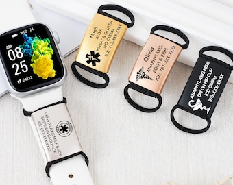 Personalized Medical Alert Watch Band Tag,Engraved Emergency Contact&Allergies,Stainless Steel ID Tag for Apple/Fitbit/Garmin