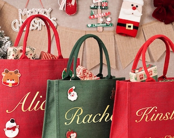 Custom Christmas Tote Bag with Name,Red Burlap Holiday Gift Bag,2025 Xmas Presents Bag,Christmas Eve Party Totes,Christmas Eve Gift Bags