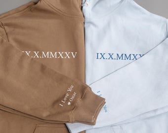 Custom Embroidered Couple Hoodie,Roman Numerals Hoodie,Wedding Anniversary Date,Anniversary Hoodie with Initials on Sleeve,Boyfriend Gift
