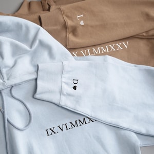 Personalized Couple Hoodie,Roman Numeral Hoodie,Anniversary Hoodie with Initials on Sleeve,Wedding Date,Valentines Christmas Gift for Her