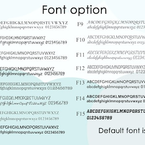 May include: Image displaying 15 font options, labelled F1 to F15, each showing the alphabet and numbers 0-9 in different styles. The text "Font option" is at the top, with "Default font is F3" at the bottom.
