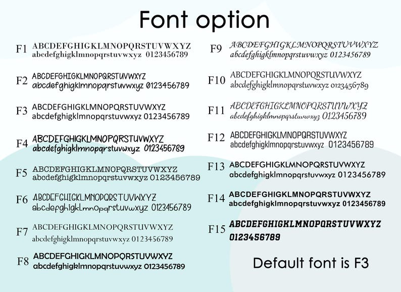 May include: Image displaying 15 font options, labelled F1 to F15, each showing the alphabet and numbers 0-9 in different styles. The text "Font option" is at the top, with "Default font is F3" at the bottom.