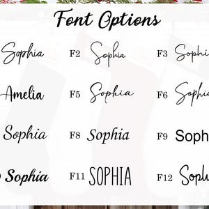 Puede incluir: Imagen que muestra 12 opciones de fuente, etiquetadas de F1 a F12. Las fuentes muestran los nombres "Sophia" y "Amelia" en varios estilos, incluyendo cursiva y negrita. El texto "Font Options" est&aacute; en la parte superior.