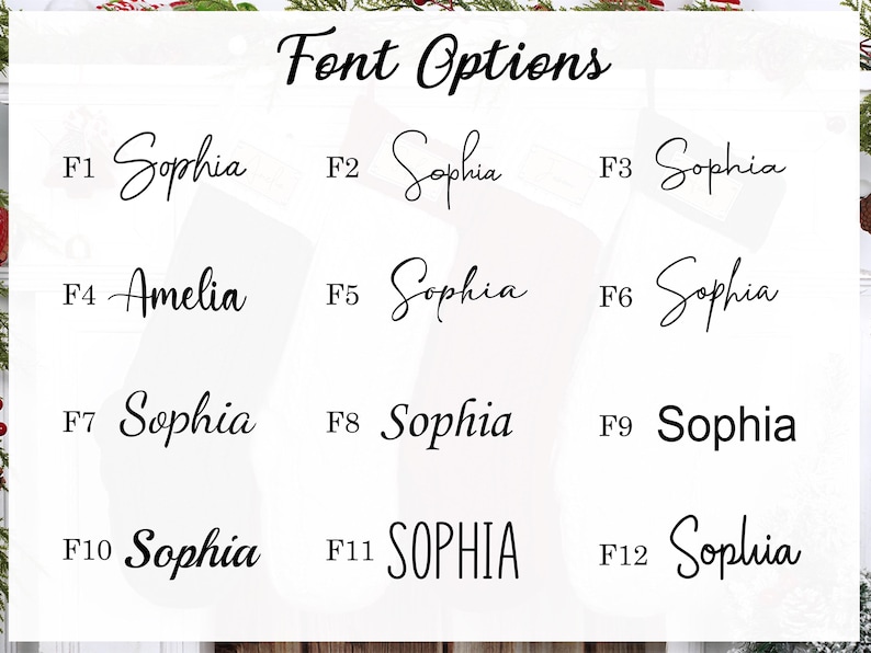 Puede incluir: Imagen que muestra 12 opciones de fuente, etiquetadas de F1 a F12. Las fuentes muestran los nombres "Sophia" y "Amelia" en varios estilos, incluyendo cursiva y negrita. El texto "Font Options" est&aacute; en la parte superior.