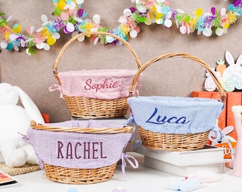 Gepersonaliseerde rieten paasmand met gepersonaliseerde seersucker-voering, aangepaste paasmand met voering, kindermand, Pasen, mand