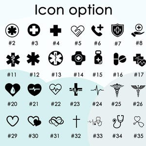 May include: A selection of 36 black and white medical icons, including crosses, hearts, and medical symbols. The image features the text "Icon option" at the top, with numbers below each icon. The icons are suitable for medical or healthcare use.
