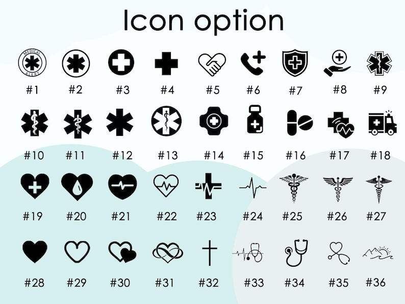 May include: A selection of 36 black and white medical icons, including crosses, hearts, and medical symbols. The image features the text "Icon option" at the top, with numbers below each icon. The icons are suitable for medical or healthcare use.