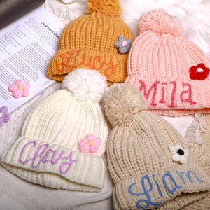 Customized Embroidered Kids' Winter Hat with Pompom | Cozy Beanie for Babies and Toddlers | Perfect Christmas Gift，Warm Headwear for Babies
