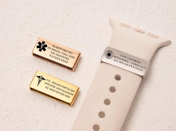 Personalized Medical Alert Tag Smart Watch Charm,Medical Alert Id Tag For Watch Band,Dual Sided Engraving for Emergency Info/Diabetic Alert