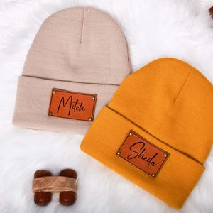 Custom Baby Beanie Hat Personalized Leather Patch Beanies for Baby Knitted Warm Hat Toddler Winter Hat Baby Shower Gift Christmas Gift