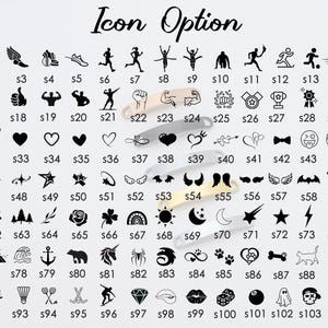 May include: A chart of 105 different icons, numbered from s1 to s105. The icons are black and white and depict various symbols, including sports, animals, hearts, stars, flowers, and more.