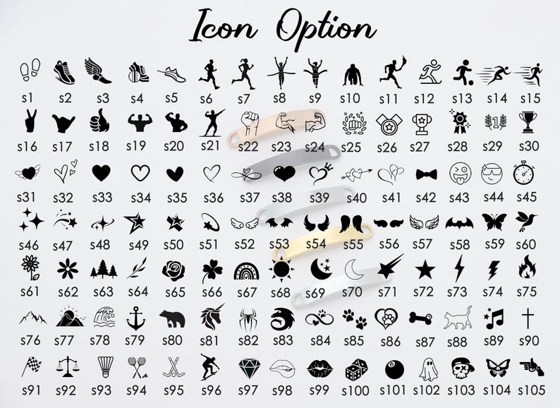 May include: A chart of 105 different icons, numbered from s1 to s105. The icons are black and white and depict various symbols, including sports, animals, hearts, stars, flowers, and more.