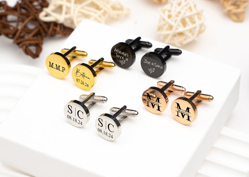 Custom Name Initial Cuff Links,Personalized Initials Cufflinks,Groom Wedding Cufflinks,Wedding Gift,Custom Groomsmen Gift,Round Cufflinks image 3