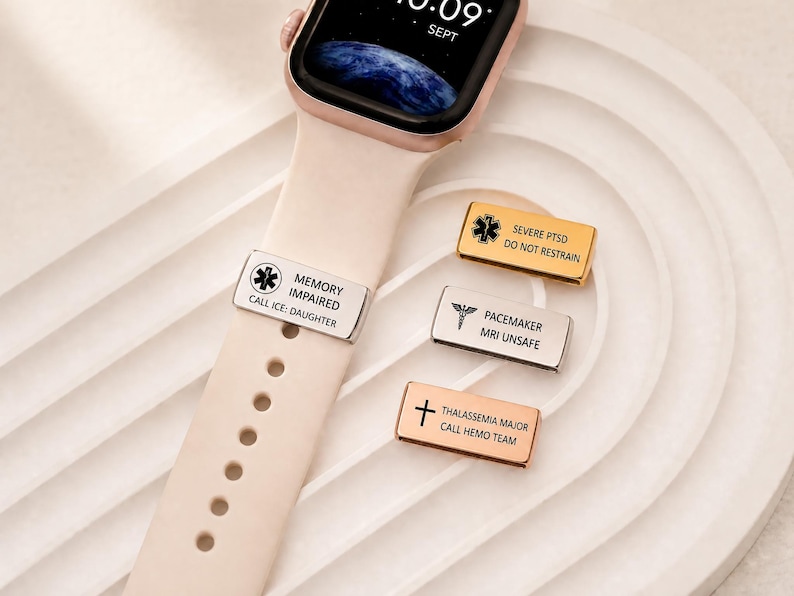 Personalized Medical Alert Tag for Apple/Smart Watch Band,Engraved Allergies&Emergency Contact on Stainless Steel,Medical Alert Id Tag image 6