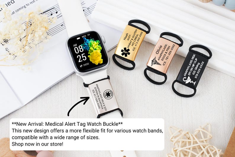 Personalized Medical Alert Tag for Apple/Smart Watch Band,Engraved Allergies&Emergency Contact on Stainless Steel,Medical Alert Id Tag image 7