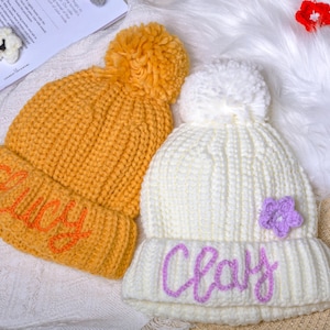 Embroidered Kids' Winter Hat, Handmade Cozy Headwear for Babies and Toddlers,Unique Christmas Gift Idea,Warm Custom Kids' Beanie with Pompom
