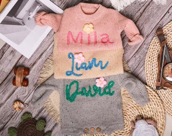 Personalized Baby Name Sweater, Hand-Embroidered Knit Sweater for Girls and Boys, Custom Baby Shower Gift, Birthday Gift for Baby Girl Gift