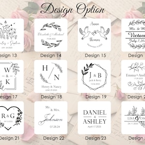 May include: A graphic showing 10 different wedding stamp designs. The designs feature various floral elements, hearts, and text. The text includes names, dates, and wedding-related phrases.