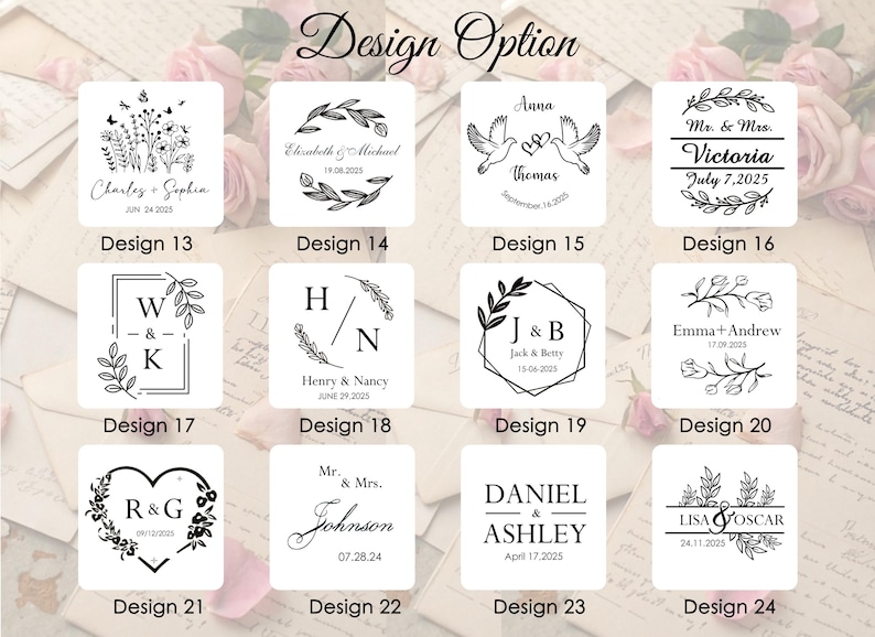 May include: A graphic showing 10 different wedding stamp designs. The designs feature various floral elements, hearts, and text. The text includes names, dates, and wedding-related phrases.