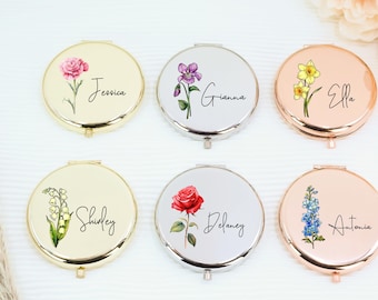 Custom Compact Mirror with Birth Flower,Custom Name Pocket Mirror,Gift For Wedding,bridesmaid custom gifts,Birthday,Bachelorette Favors