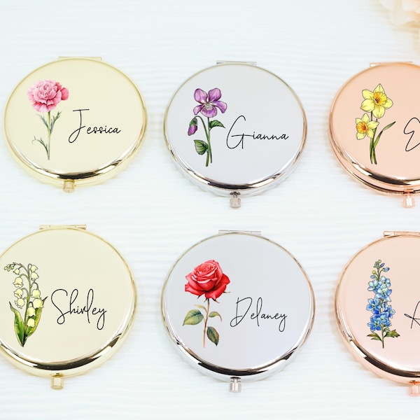 Custom Compact Mirror with Birth Flower,Custom Name Pocket Mirror,Gift For Wedding,bridesmaid custom gifts,Birthday,Bachelorette Favors